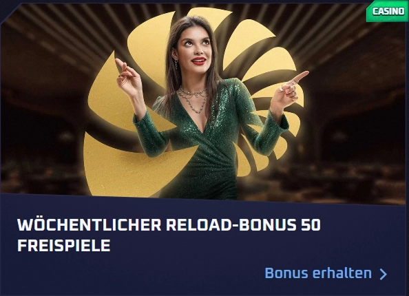 Sportaza Casino promotional banner: Woman pointing to 50 free spins reload bonus
