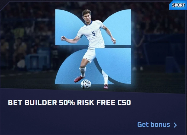 Football player in action with "Bet Builder 50% Risk Free €50" text overlay