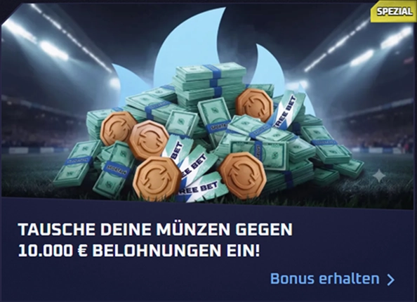 Pile of cash and coins with "Free Bet" overlay, promoting 10,000 € rewards