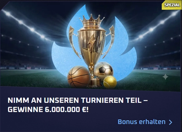 Tournament banner with trophy, basketball, soccer ball, and tennis ball. Win 6,000,000€!