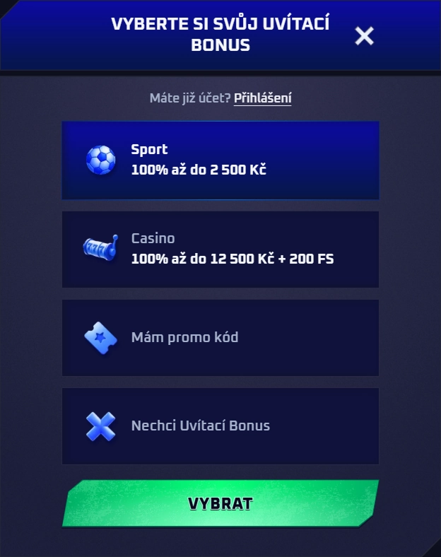 Sportaza Casino welcome bonus options: Sport, Casino, Promo Code, No Bonus