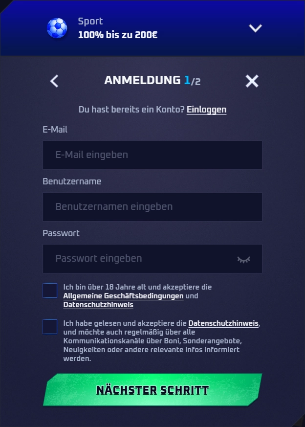 Sportaza registration page with email, username, and password fields