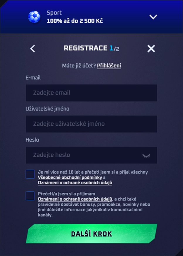 Sportaza registration form with fields for email and username