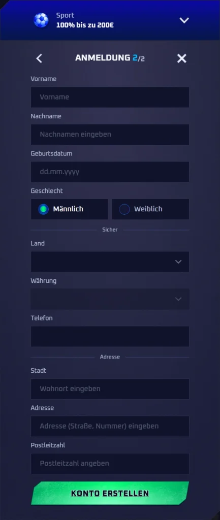 Sportaza Casino registration form with personal details