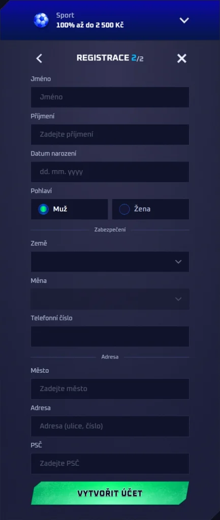 Sportaza registration form with fields for name, date of birth, and gender