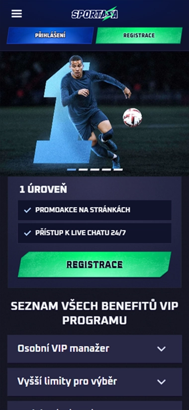Sportaza mobile screenshot showing VIP program benefits and registration button