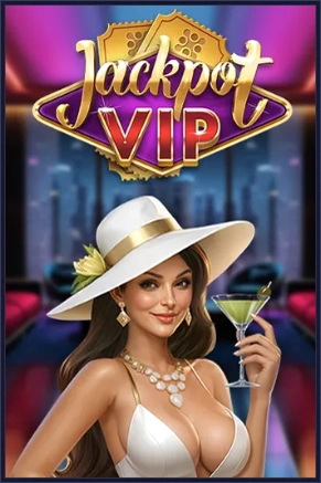 Woman in white hat and dress holding a cocktail, Jackpot VIP logo