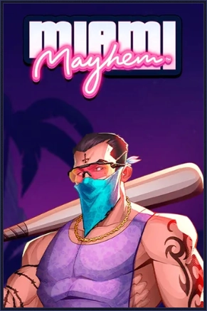 Miami Mayhem game art with a man holding a baseball bat