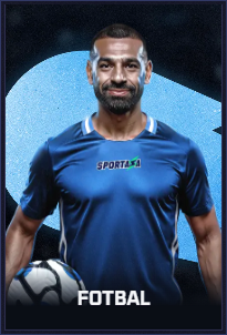 Mohamed Salah in a blue Sportaza football jersey holding a football