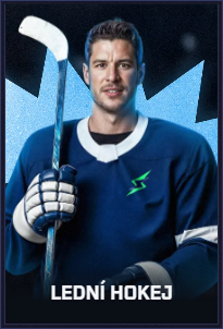 Young man in hockey gear holding a stick, "Lední Hokej" text